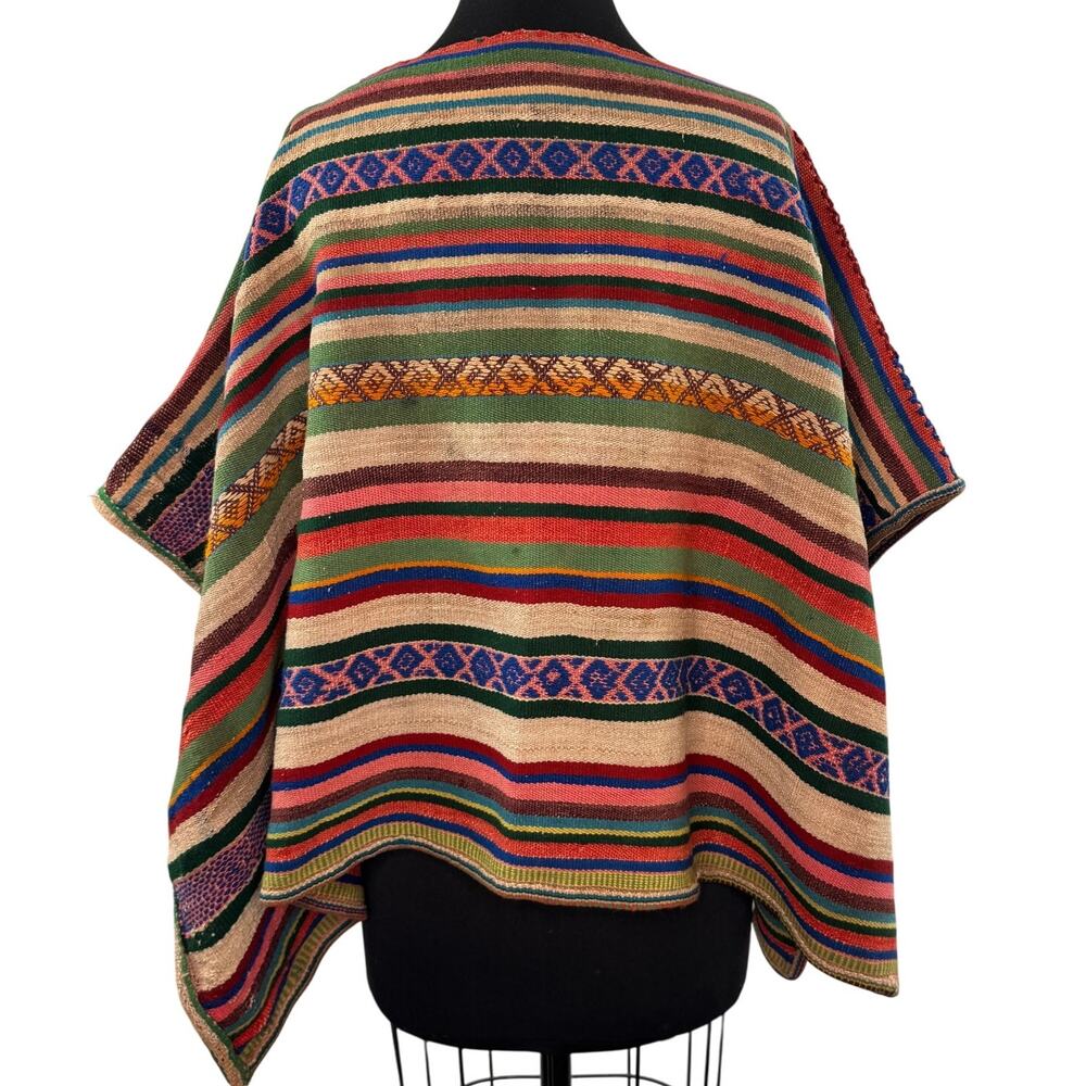 BoBo Global Multi Poncho Aztec Striped Boat Neck High Low Hem Casual Pullover